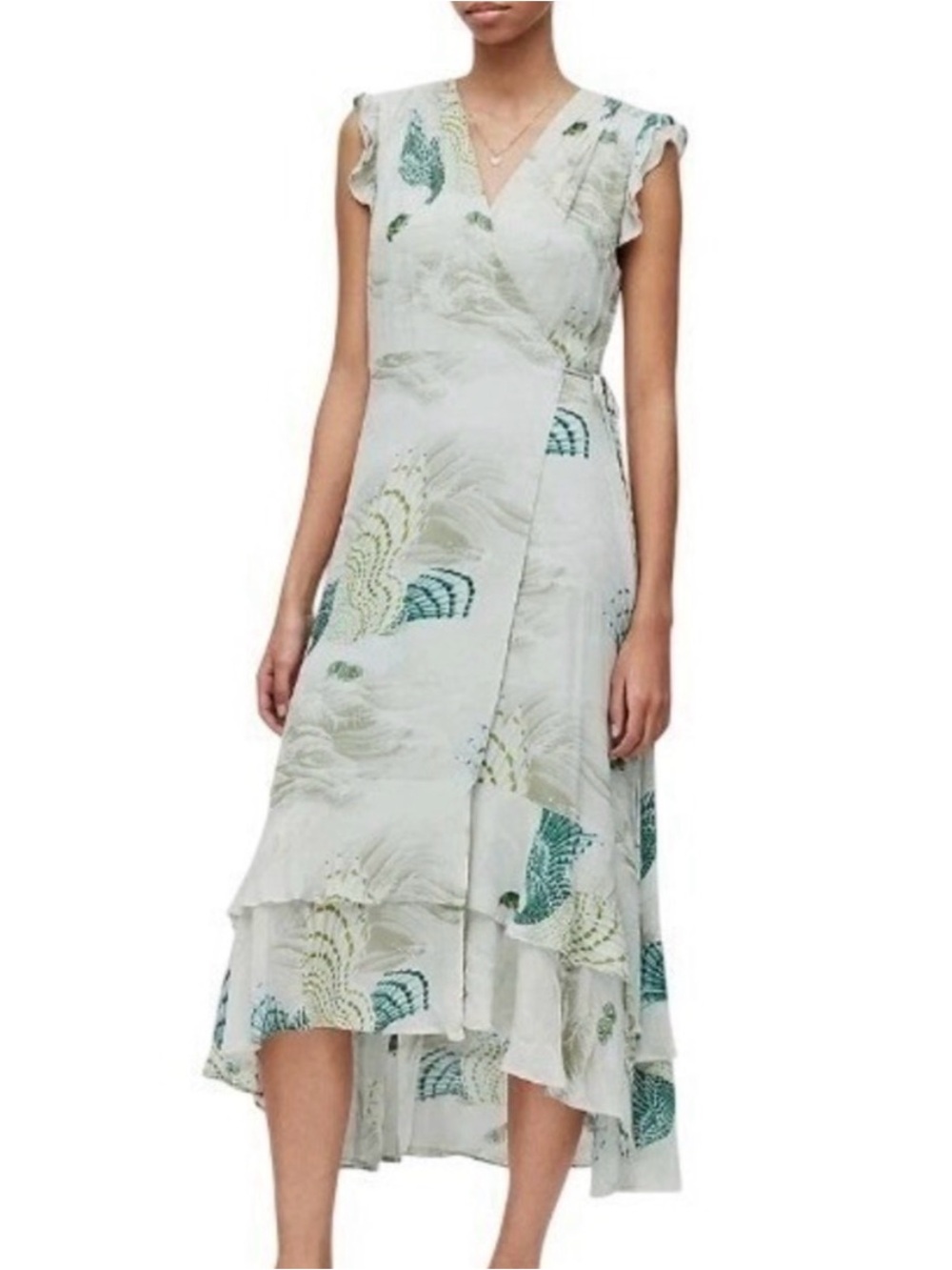 NWT AllSaints Dela Ngaru Dress Green Bird Print Wrap Midi Ruffle Sleeve Size 8